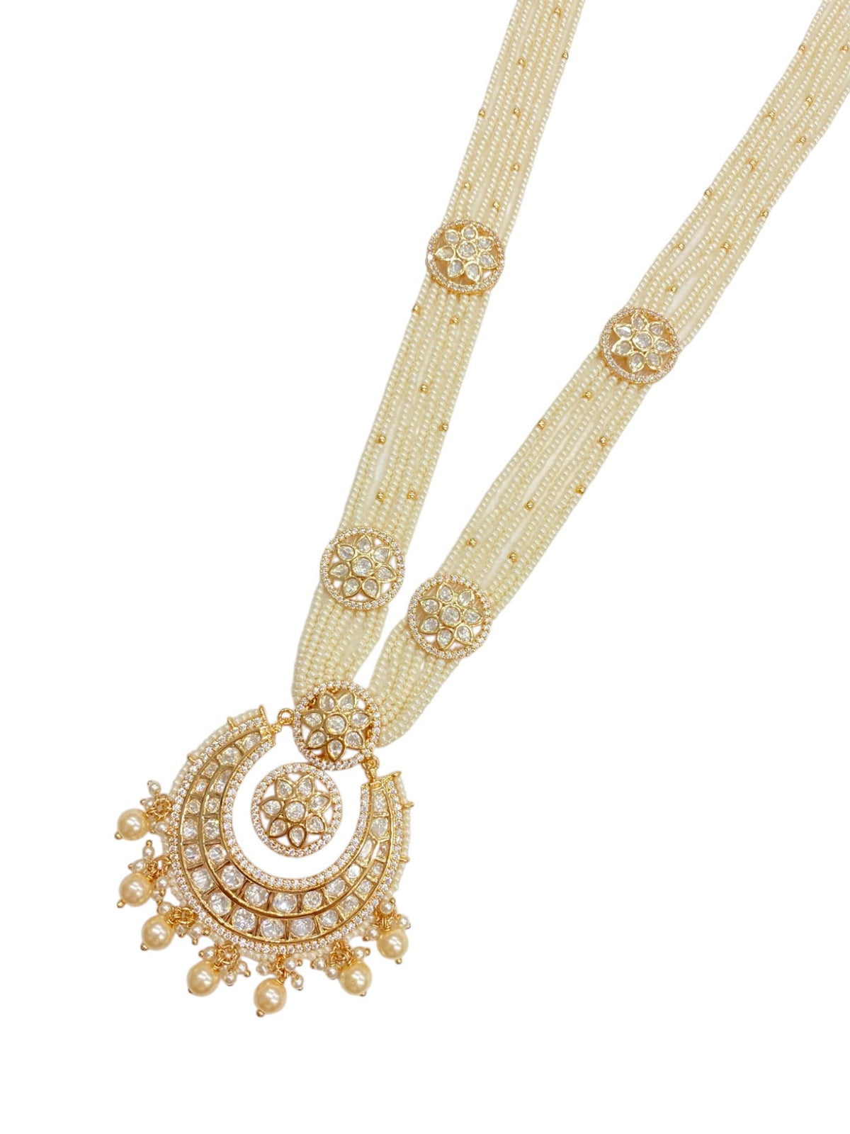 Sirini Gold Finish Kundan Pearl Long Necklace Set