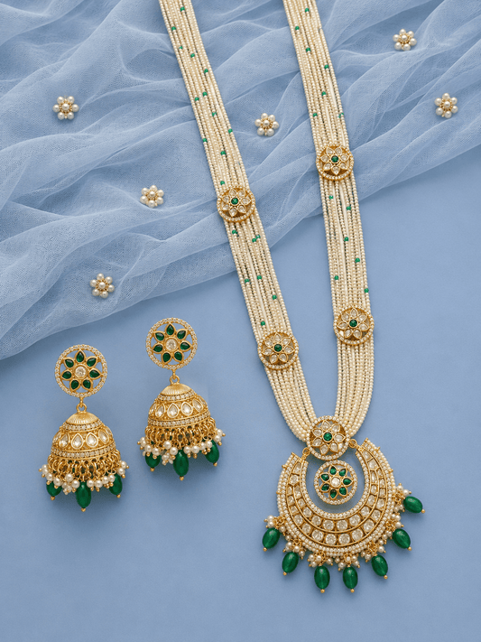Sirini Gold Finish Green Kundan Pearl Long Necklace Set