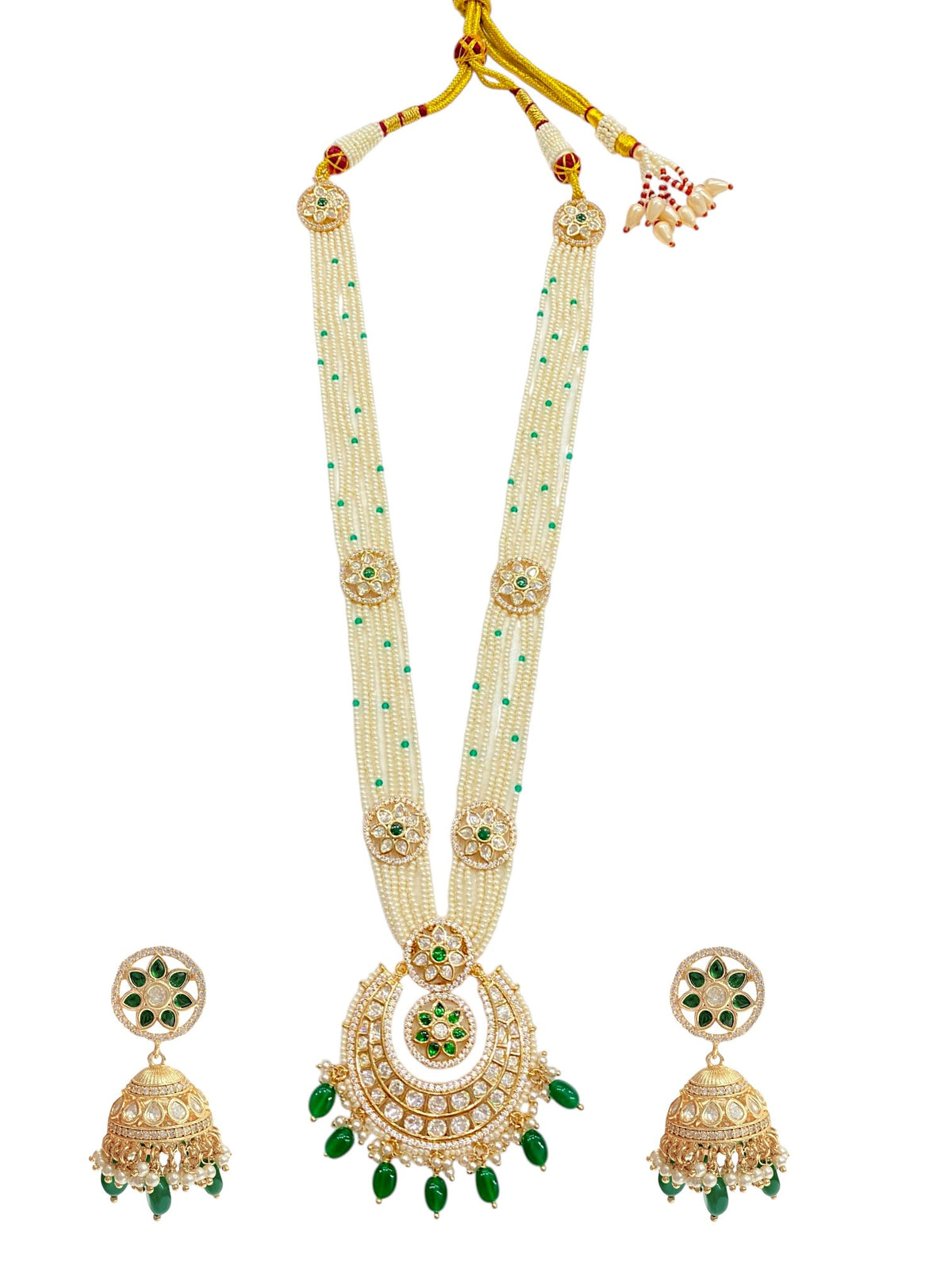 Sirini Gold Finish Green Kundan Pearl Long Necklace Set