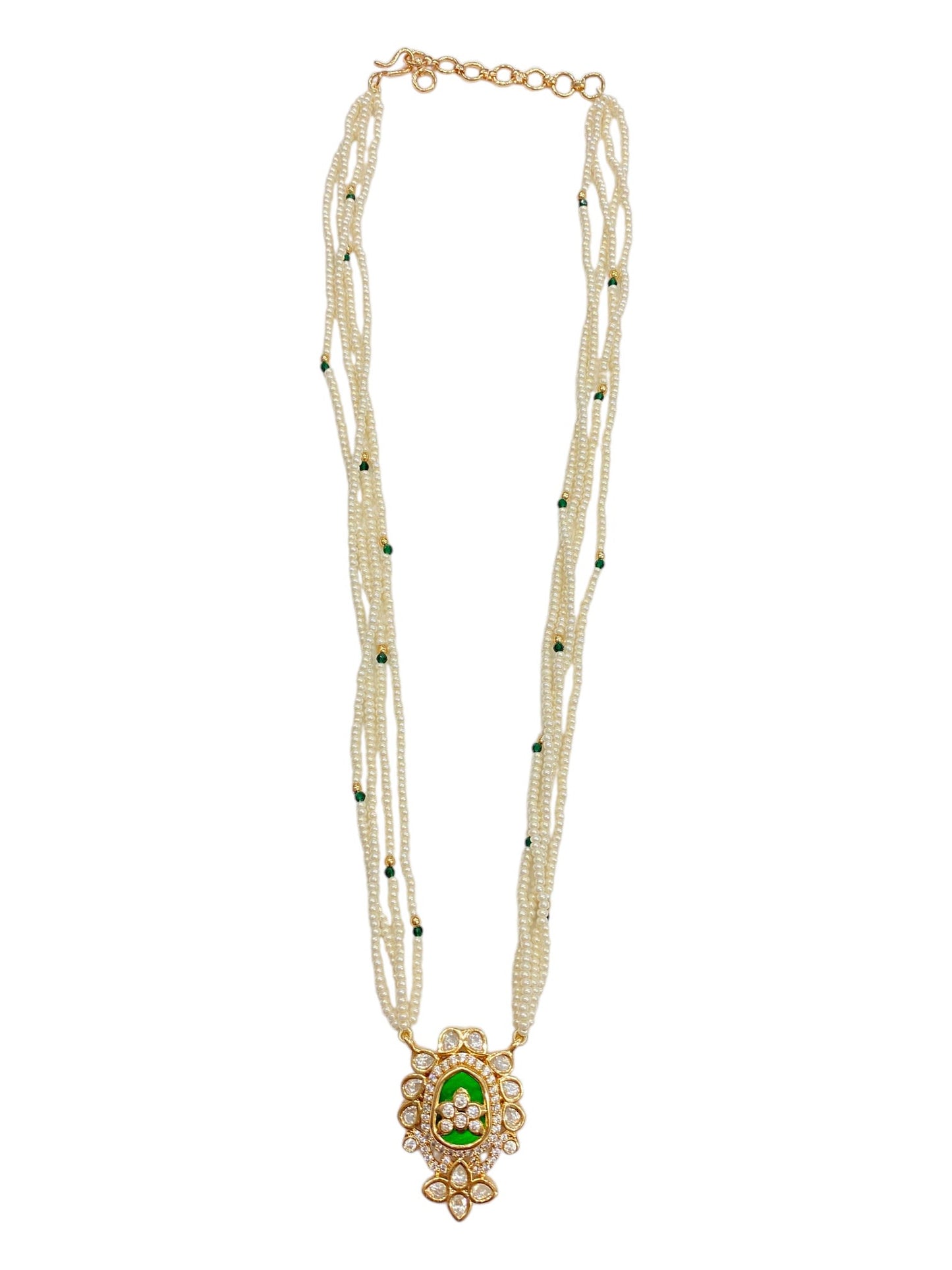 Elegant Pearl Strand Green Kundan Pendant Set
