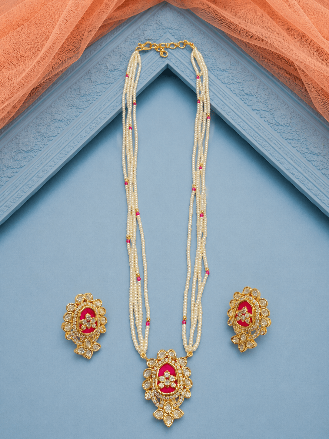 Elegant Pearl Strand Ruby Kundan Pendant Set