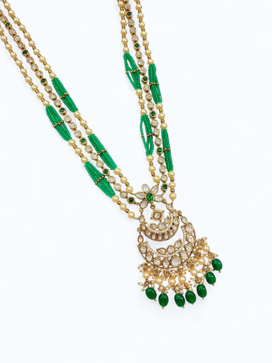Green Double Strand Premium Kundan Long Set - detail