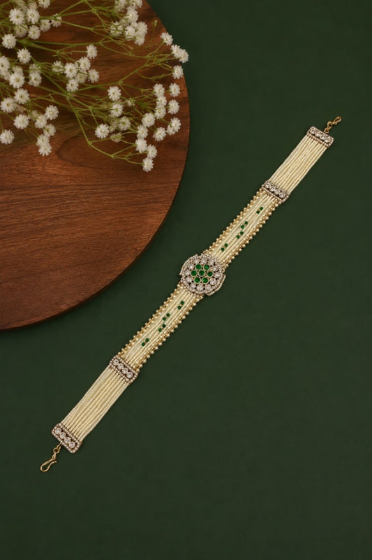 Multi Pearl Strand With Green Kundan Centerpiece Sheeshpatti
