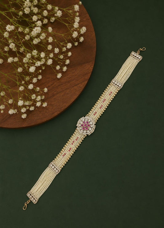 Multi Pearl Strand With Ruby Kundan Centerpiece Sheeshpatti