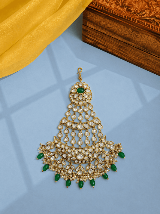 Sirini Women's Handcrafted Green Bead Kundan Passa