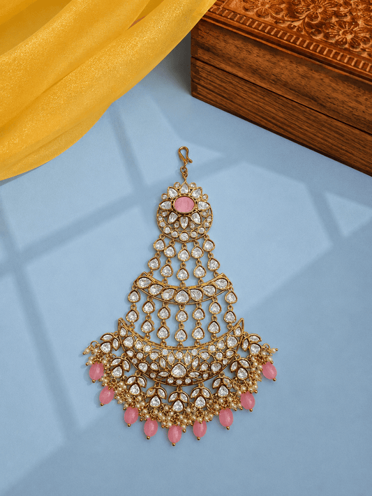 Sirini Women's Handcrafted Pink Bead Kundan Passa