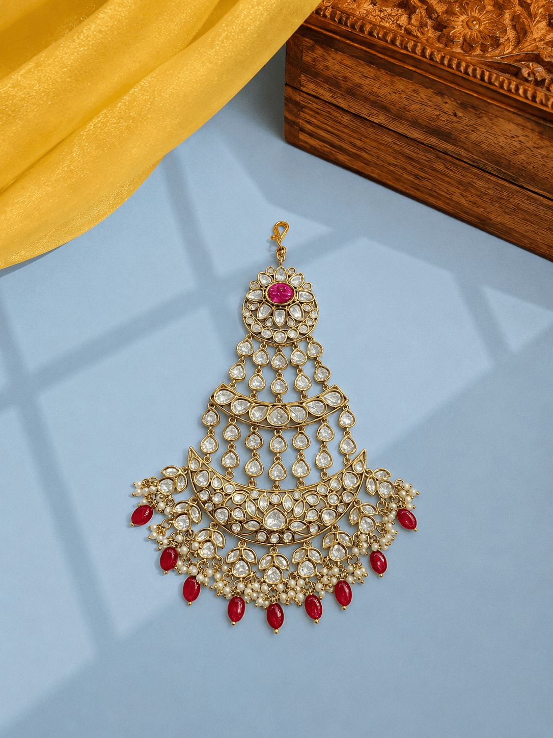 Sirini Women's Handcrafted Ruby Bead Kundan Passa