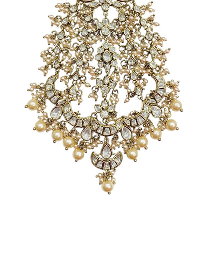 White polki bridal passa, clear stones and pearls, mehendi green-gold finish, gold-plated, by Sirini Jewellery, view 4 of 4