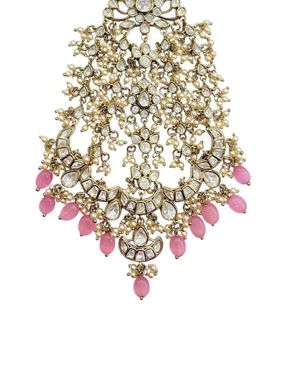 Pink polki bridal passa in mehendi green-gold finish, a broad fan of stones, gold-plated, by Sirini Jewellery, view 3 of 4