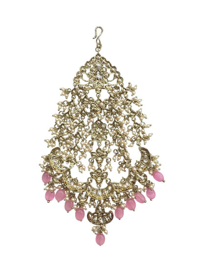 Pink polki bridal passa in mehendi green-gold finish, a broad fan of stones, gold-plated, by Sirini Jewellery, view 4 of 4