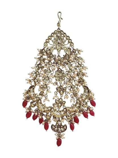 Ruby-red polki passa jhoomar in mehendi green-gold finish, worn above one ear, gold-plated, by Sirini Jewellery, view 4 of 4