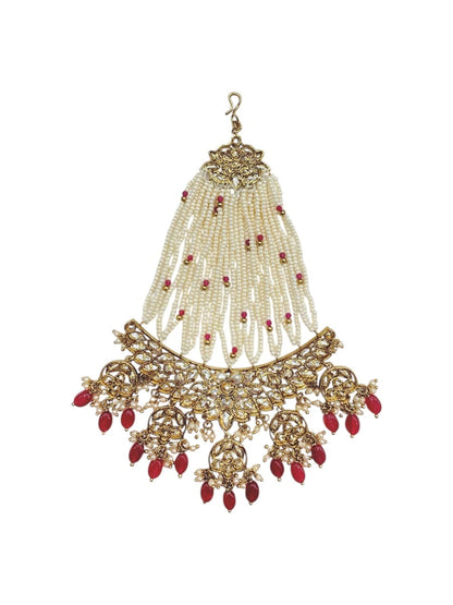 Royal ruby-red polki passa jhoomar in antique gold finish, a fan of stones, gold-plated, by Sirini Jewellery, view 4 of 4