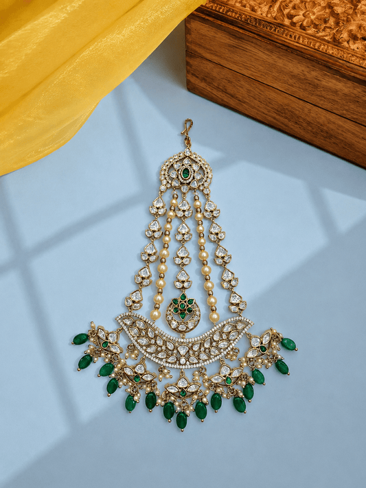 Sirini Mehendi-Plated & White Kundan With Green Beaded Jhumar Passa Jewellery