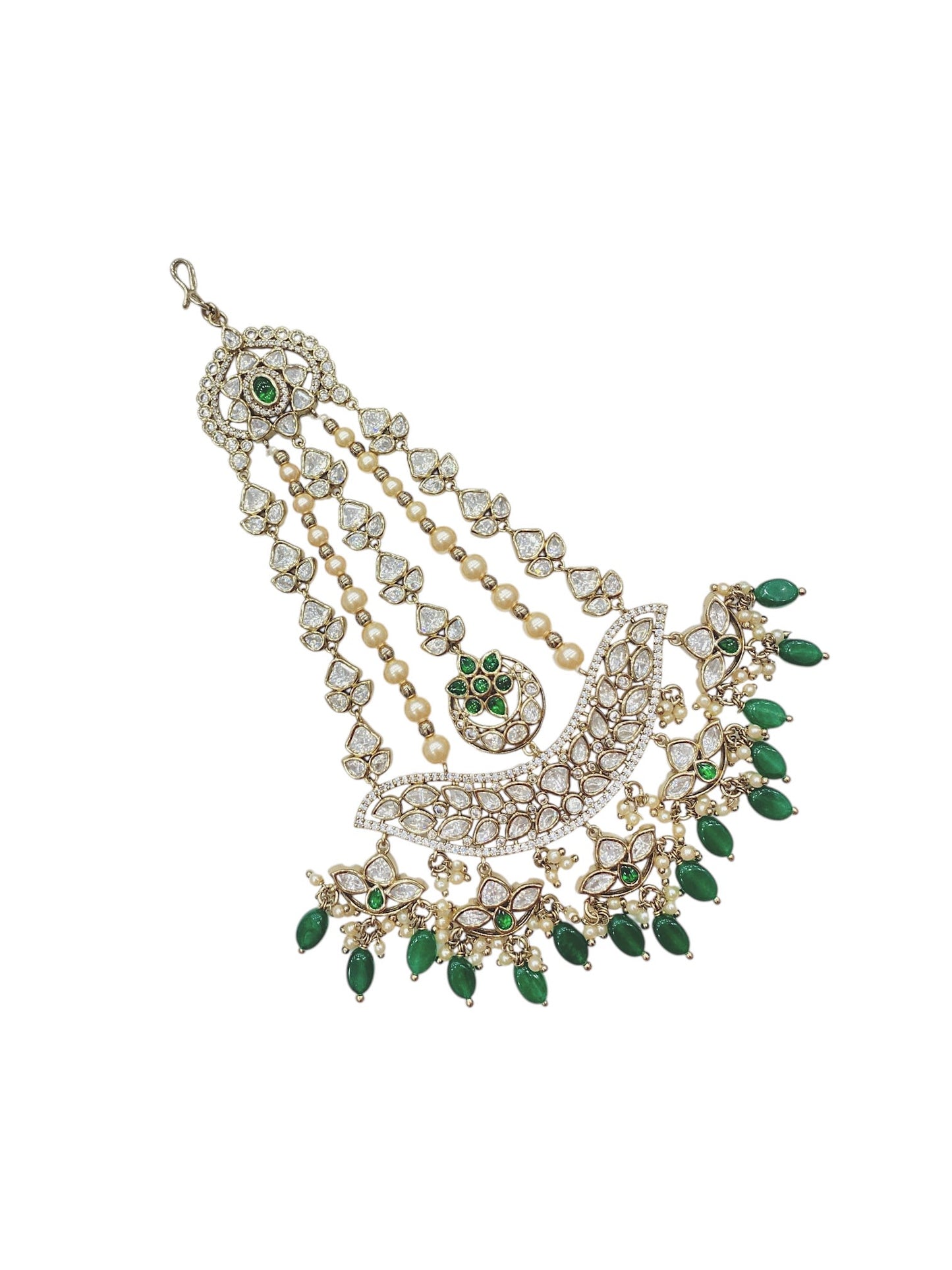Sirini Mehendi-Plated & White Kundan With Green Beaded Jhumar Passa Jewellery