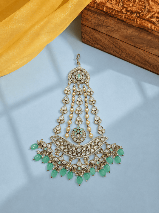 Sirini Mehendi-Plated & White Kundan With Mint Beaded Jhumar Passa Jewellery