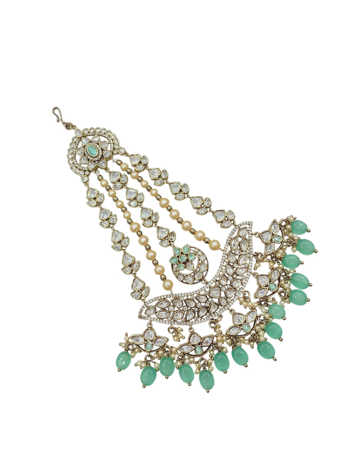 Sirini Mehendi-Plated & White Kundan With Mint Beaded Jhumar Passa Jewellery