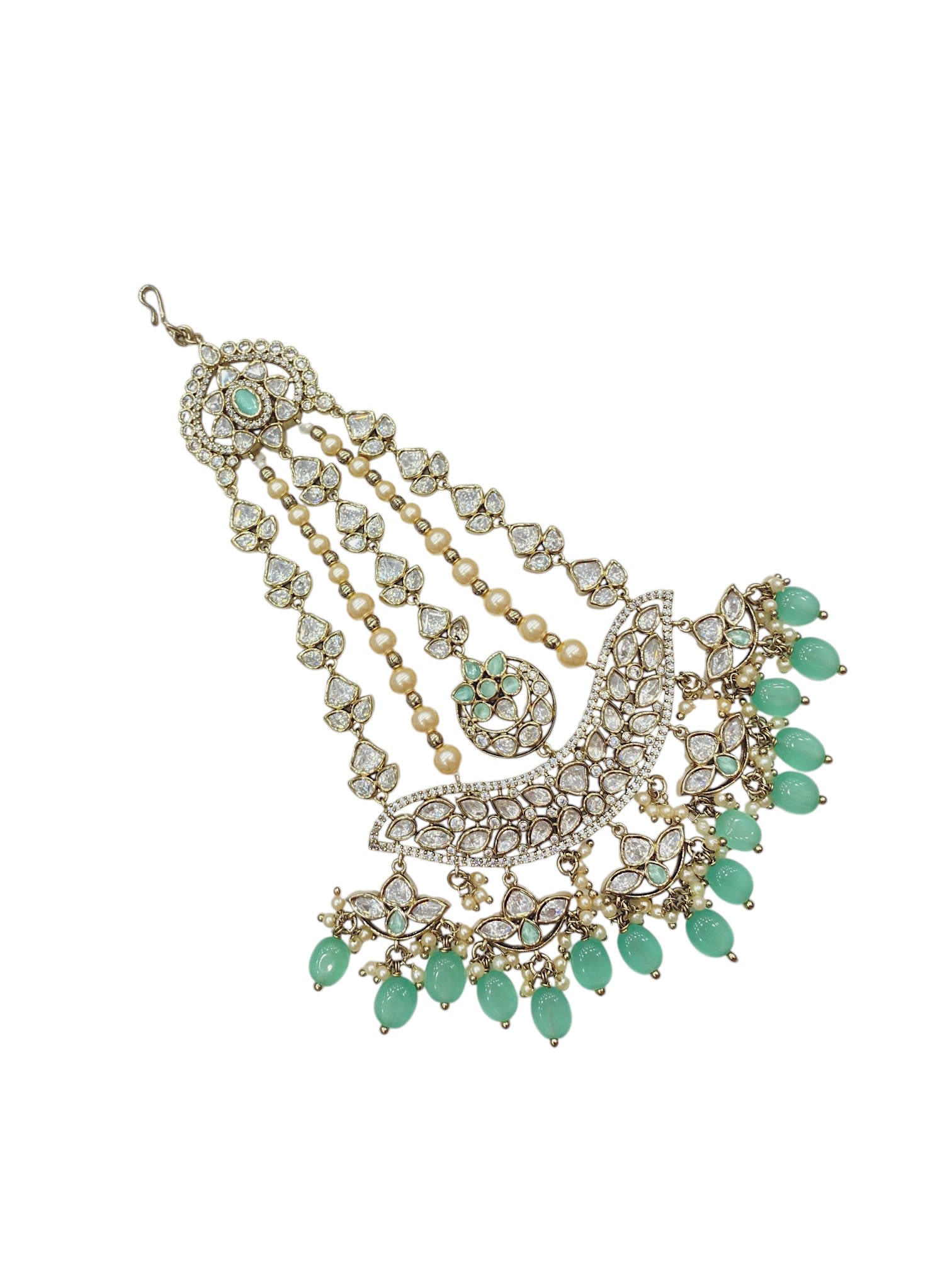 Sirini Mehendi-Plated & White Kundan With Mint Beaded Jhumar Passa Jewellery