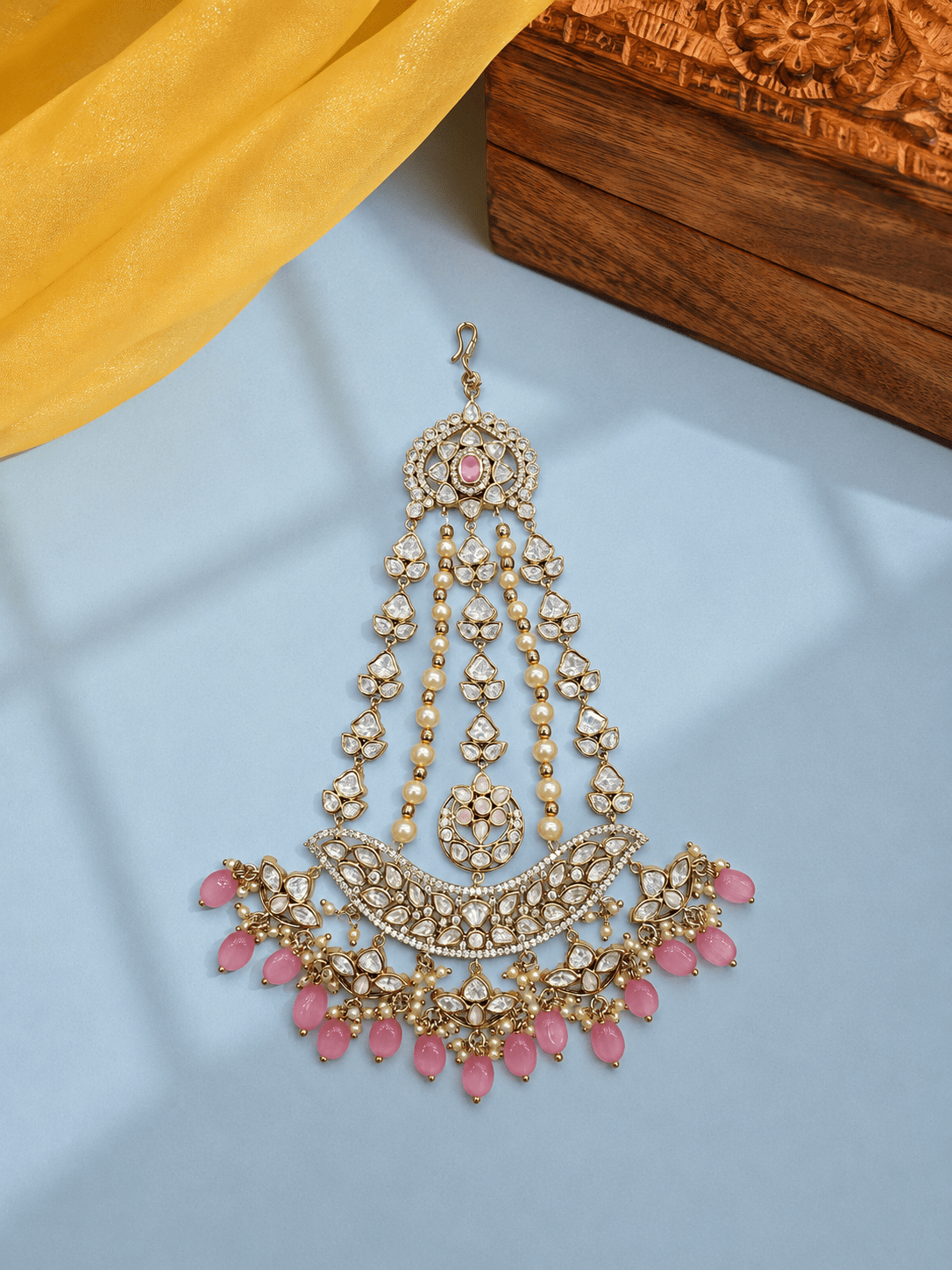Sirini Mehendi-Plated & White Kundan With Pink Beaded Jhumar Passa Jewellery