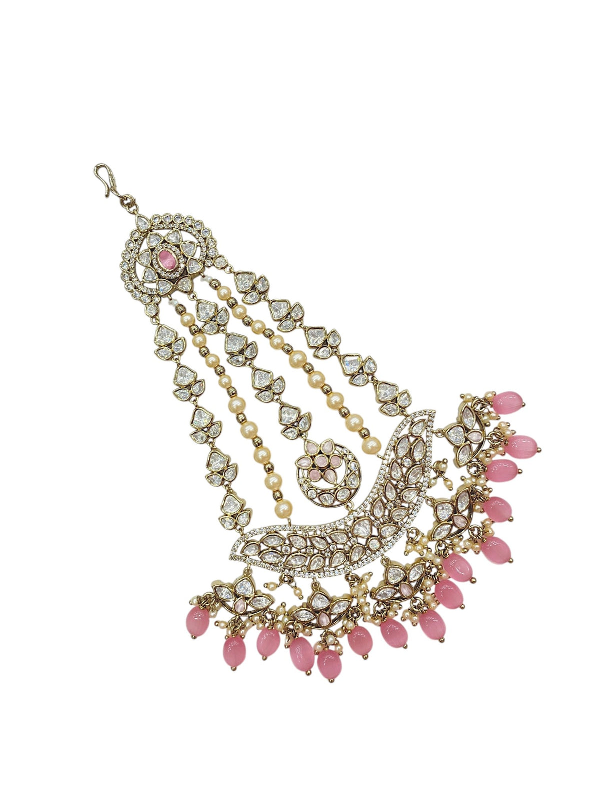Sirini Mehendi-Plated & White Kundan With Pink Beaded Jhumar Passa Jewellery
