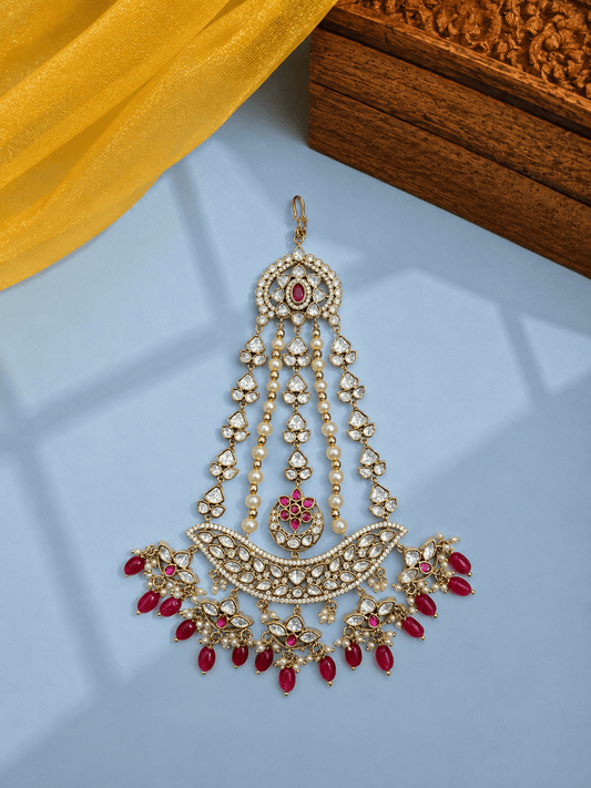 Sirini Gold-Plated White Kundan Pearl Studded Ruby Beaded Jhumar Passa Jewellery
