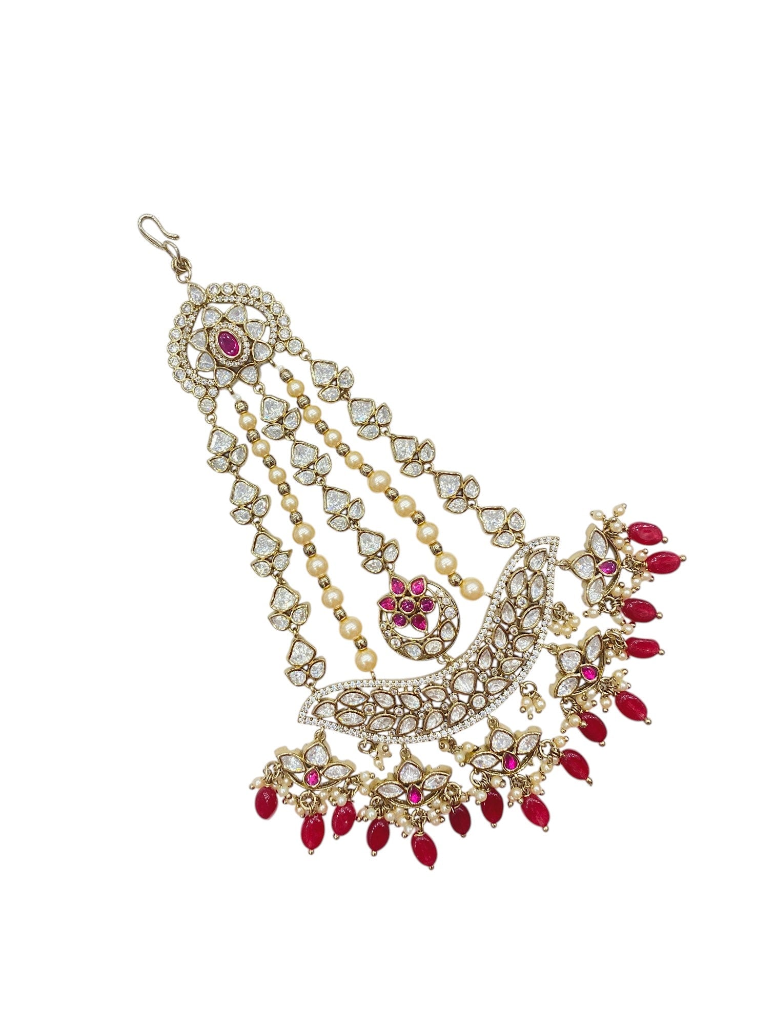 Sirini Gold-Plated White Kundan Pearl Studded Ruby Beaded Jhumar Passa Jewellery