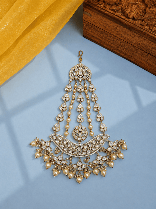 Sirini Mehendi-Plated & White Kundan Pearl Studded & Beaded Jhumar Passa Jewellery