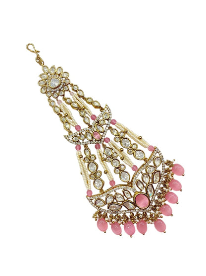 Pink polki passa jhoomar in antique gold finish, a fan of hand-set stones, gold-plated, by Sirini Jewellery, view 2 of 4