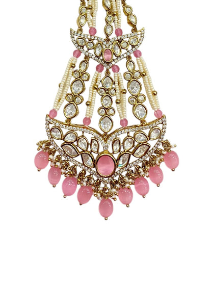 Pink polki passa jhoomar in antique gold finish, a fan of hand-set stones, gold-plated, by Sirini Jewellery, view 3 of 4