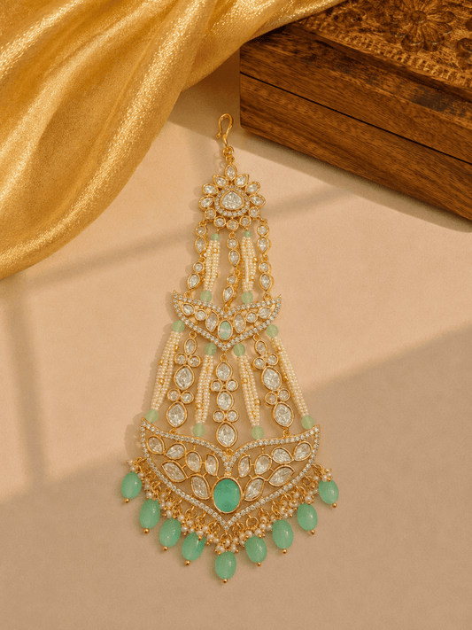 Sirini Carat Gold Polish Polki Kundan With Mint Beads Bridal Passa