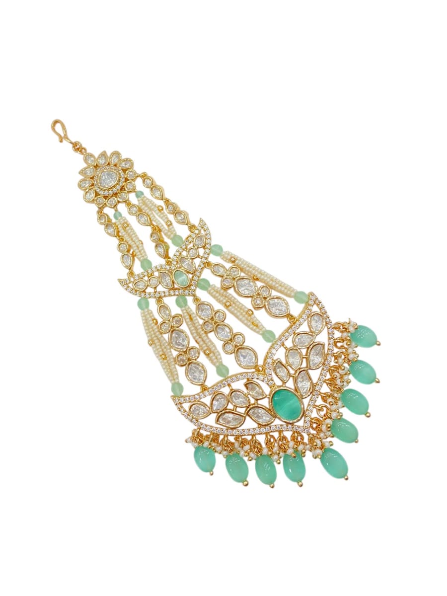 Sirini Carat Gold Polish Polki Kundan With Mint Beads Bridal Passa