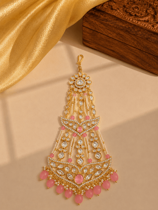 Sirini Carat Gold Polish Polki Kundan With Pink Beads Bridal Passa