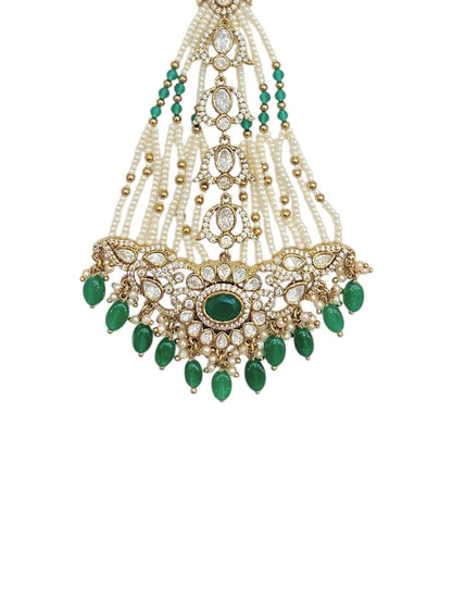 Green polki pearl bridal passa hair ornament in antique gold finish, view 3 of 4