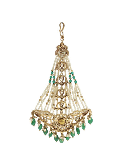 Green polki pearl bridal passa hair ornament in antique gold finish, view 4 of 4