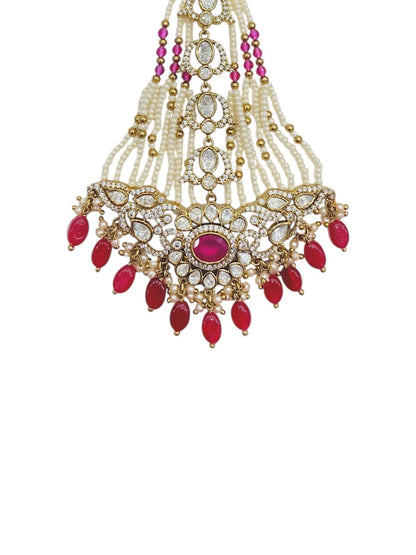 Ruby-red polki pearl bridal passa, antique gold finish, a fan of Kundan stones, gold-plated, by Sirini Jewellery, view 3 of 4