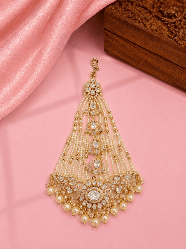 22K Gold-Plated Polki Pearl Bridal Passa Jhoomar
